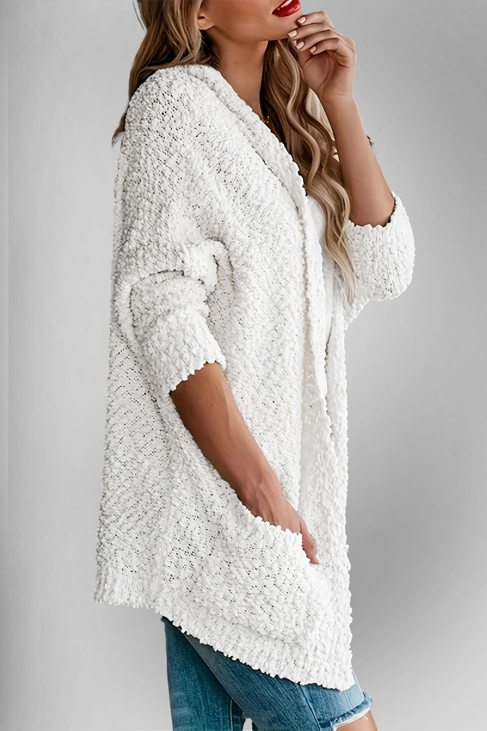 Velvet Bloom Pocketed Open Front Long Sleeve Women Cardigan
