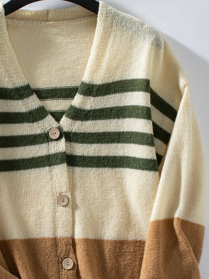 Color Block V-Neck Button Down Long Sleeve Women Cardigan