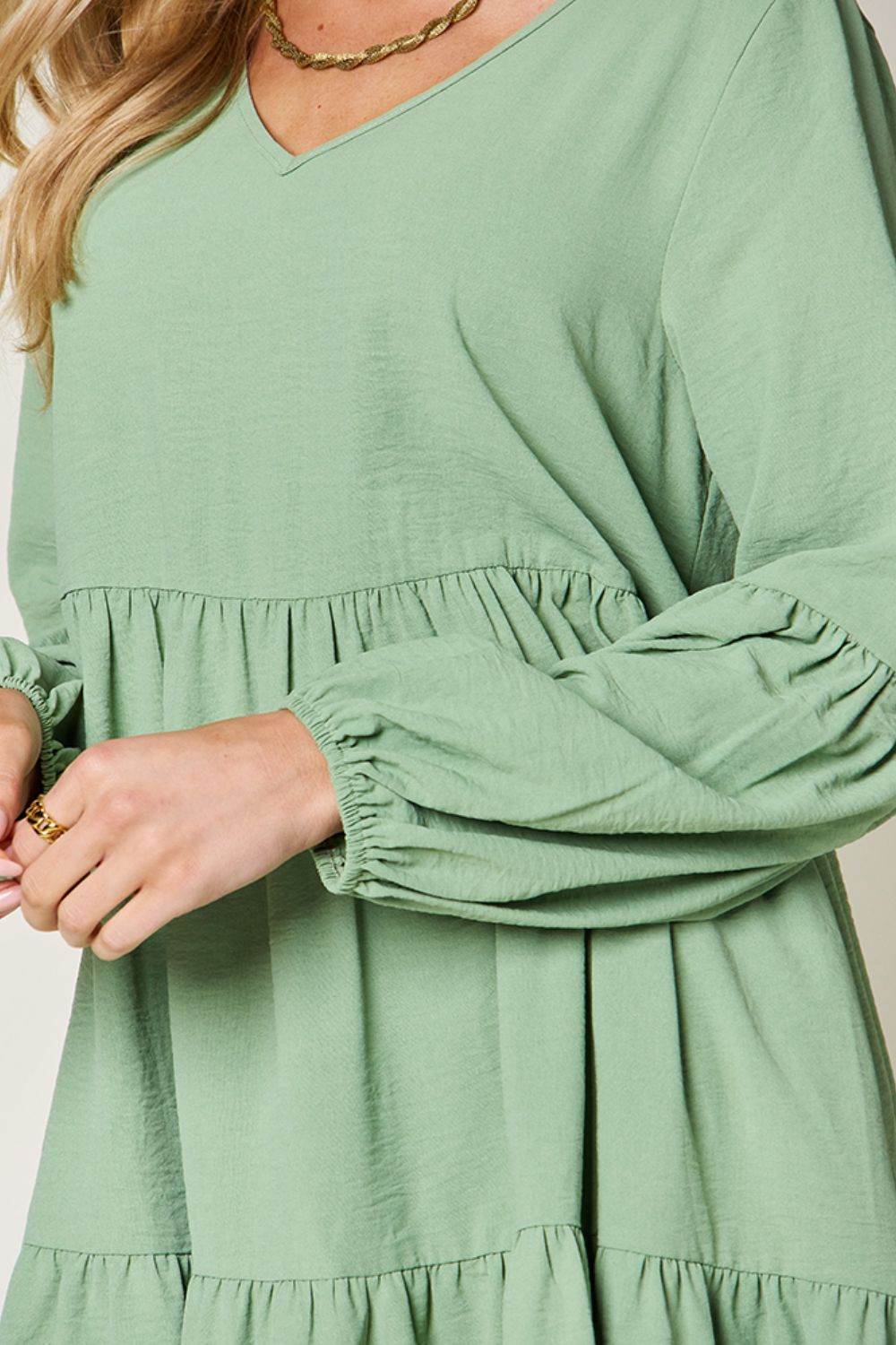 Double Take Full Size V-Neck Balloon Sleeve Tiered Women Dress with Pockets Light Blue / L Double Take Full Size V-Neck Balloon Sleeve Tiered Women Dress with Pockets Light Blue / L