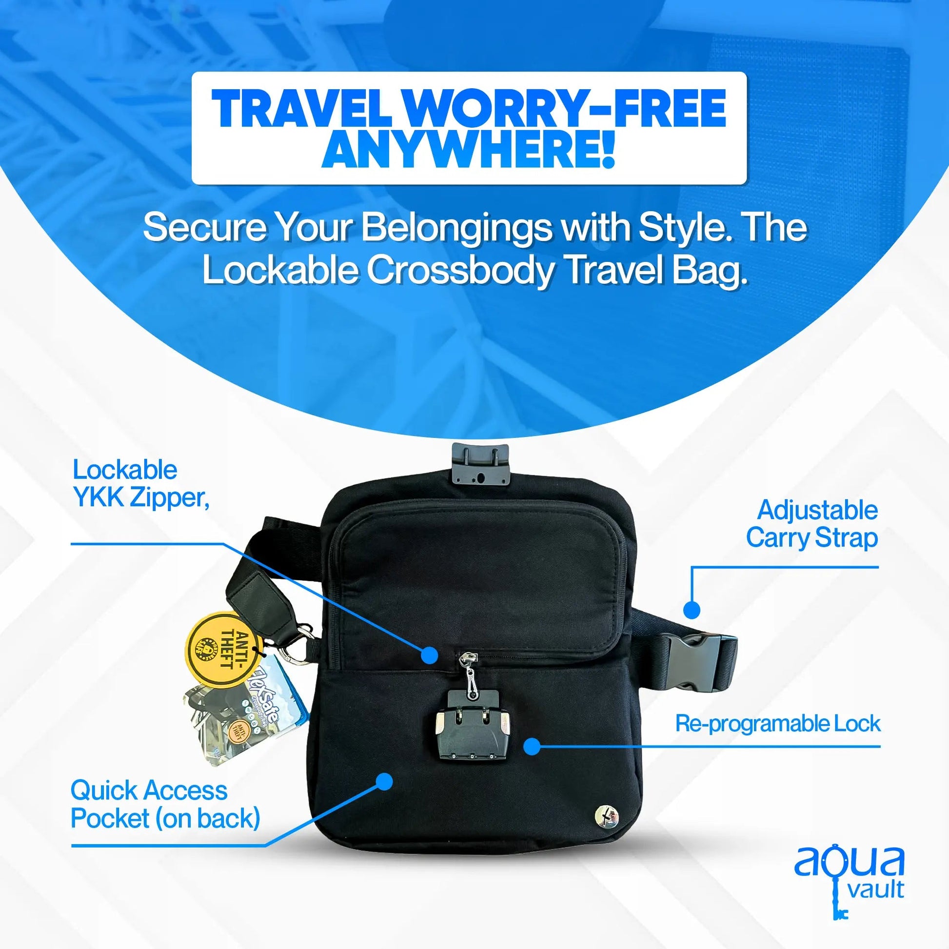 Black lockable crossbody travel bag with features highlighted on a blue and white background, featuring Aqua Vault branding.