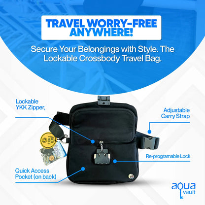 Black lockable crossbody travel bag with features highlighted on a blue and white background, featuring Aqua Vault branding.