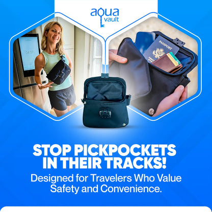 Advertisement for Aqua Vault product showing a person using it and text about stopping pickpockets.