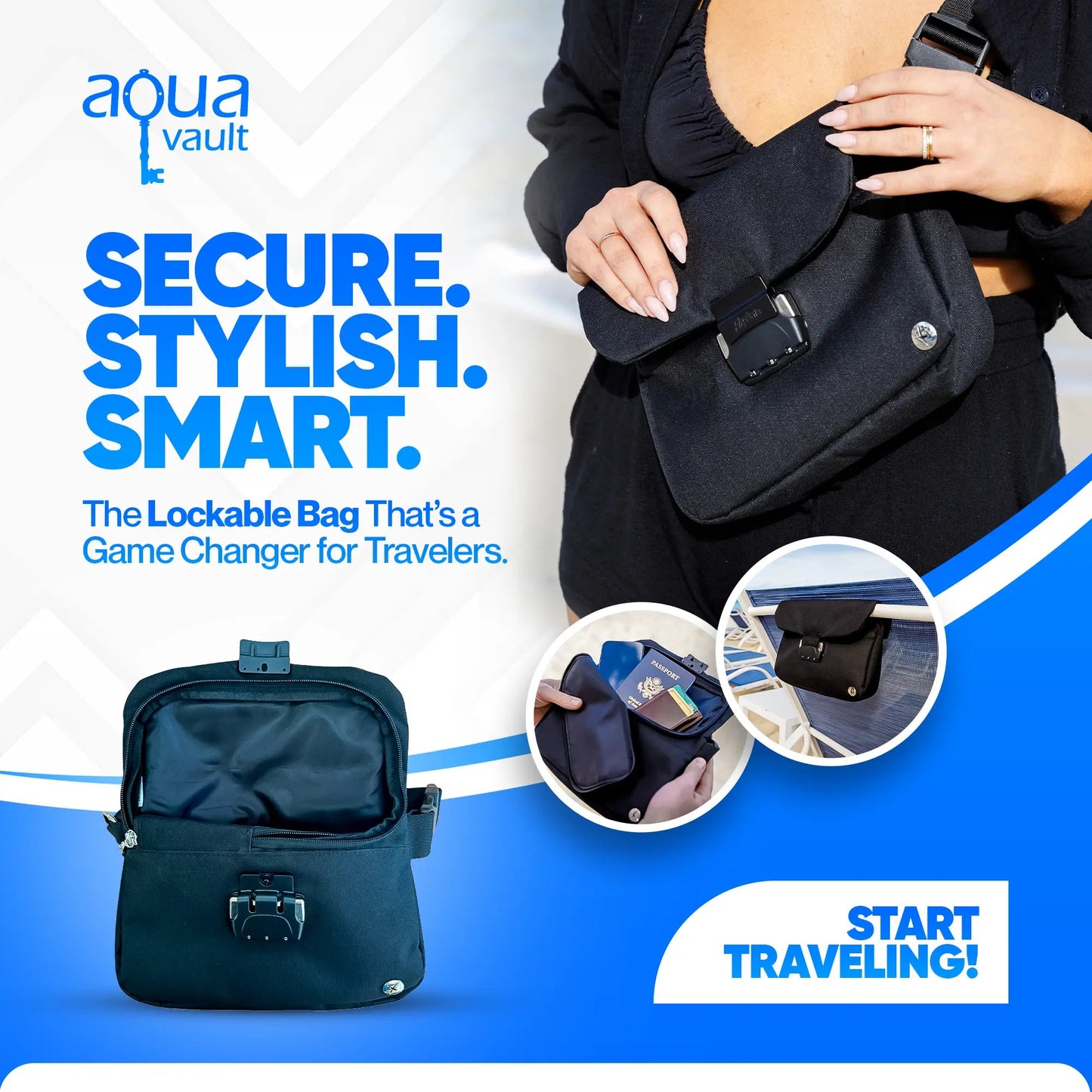 Advertisement for Aqua Vault lockable bag with text 'Secure. Stylish. Smart.' and product images.