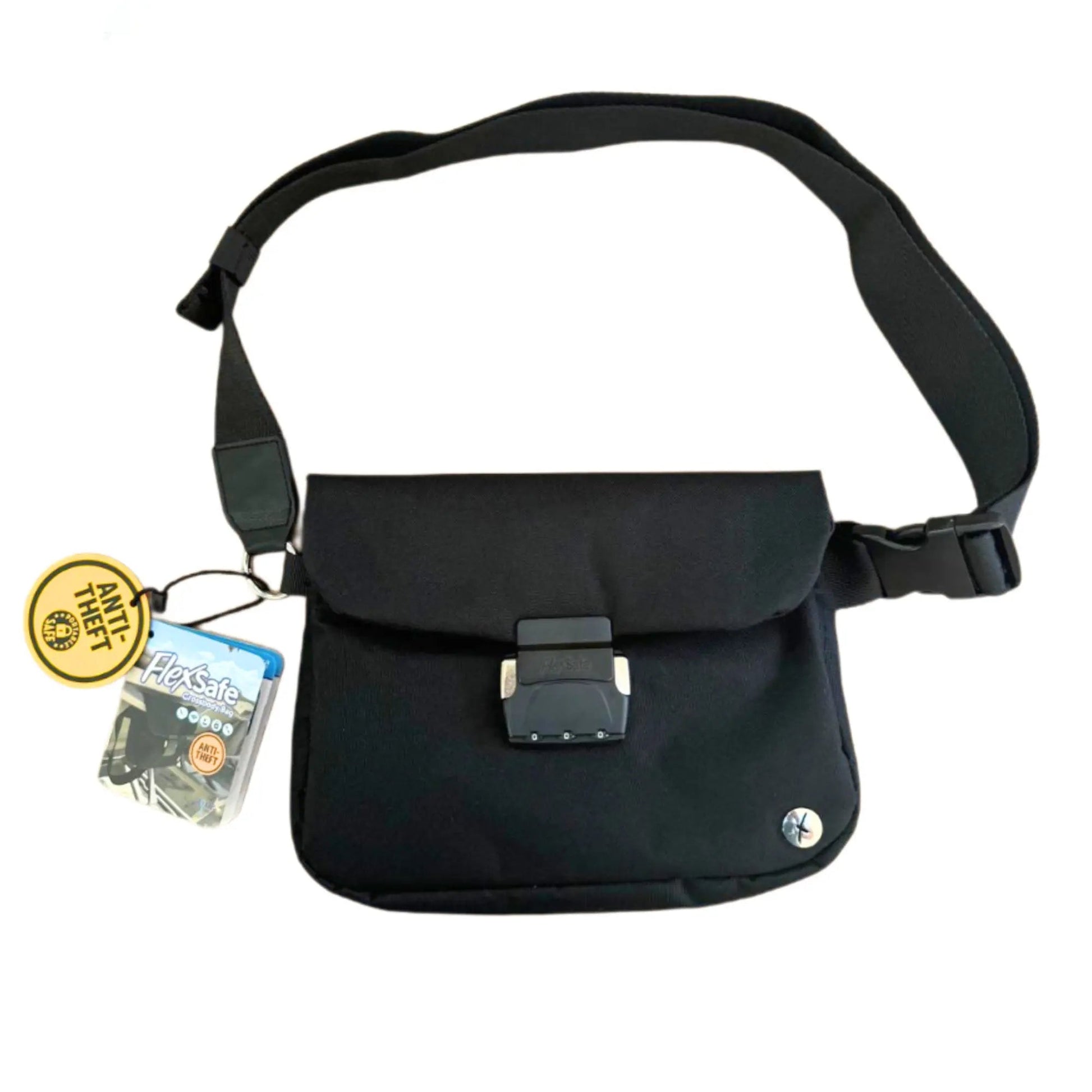 Black shoulder bag with a strap on a white background