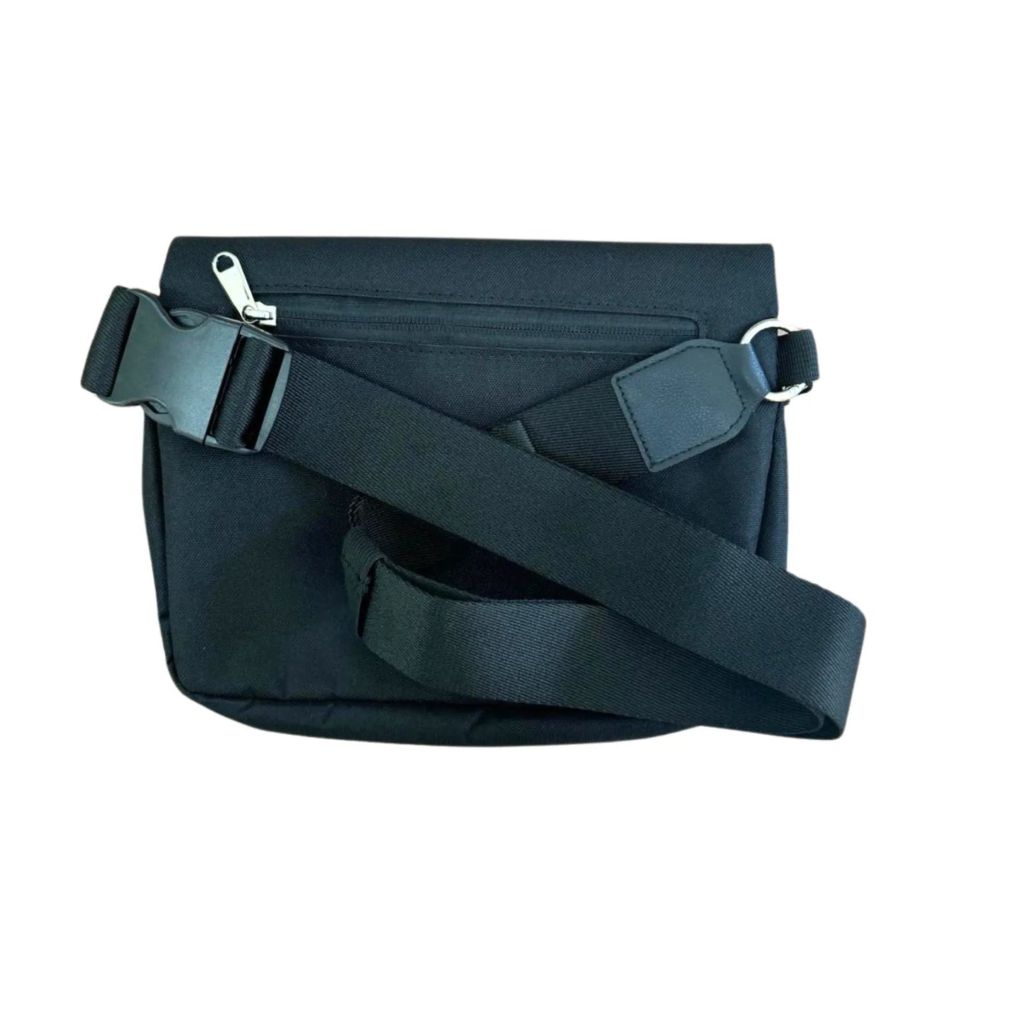 Black messenger bag with a strap on a white background