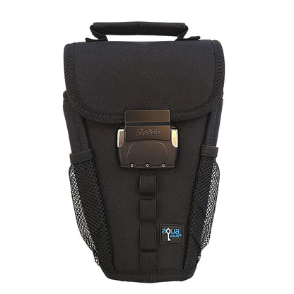 Black camera bag with a visible brand logo on a white background