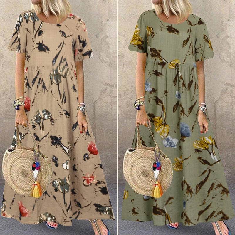 ZANZEA Summer Maxi Dress Women's Vintage Printed Sundress Casual Loose Short Sleeve Vestidos Vacation High Waist Robe - Zara-Craft
