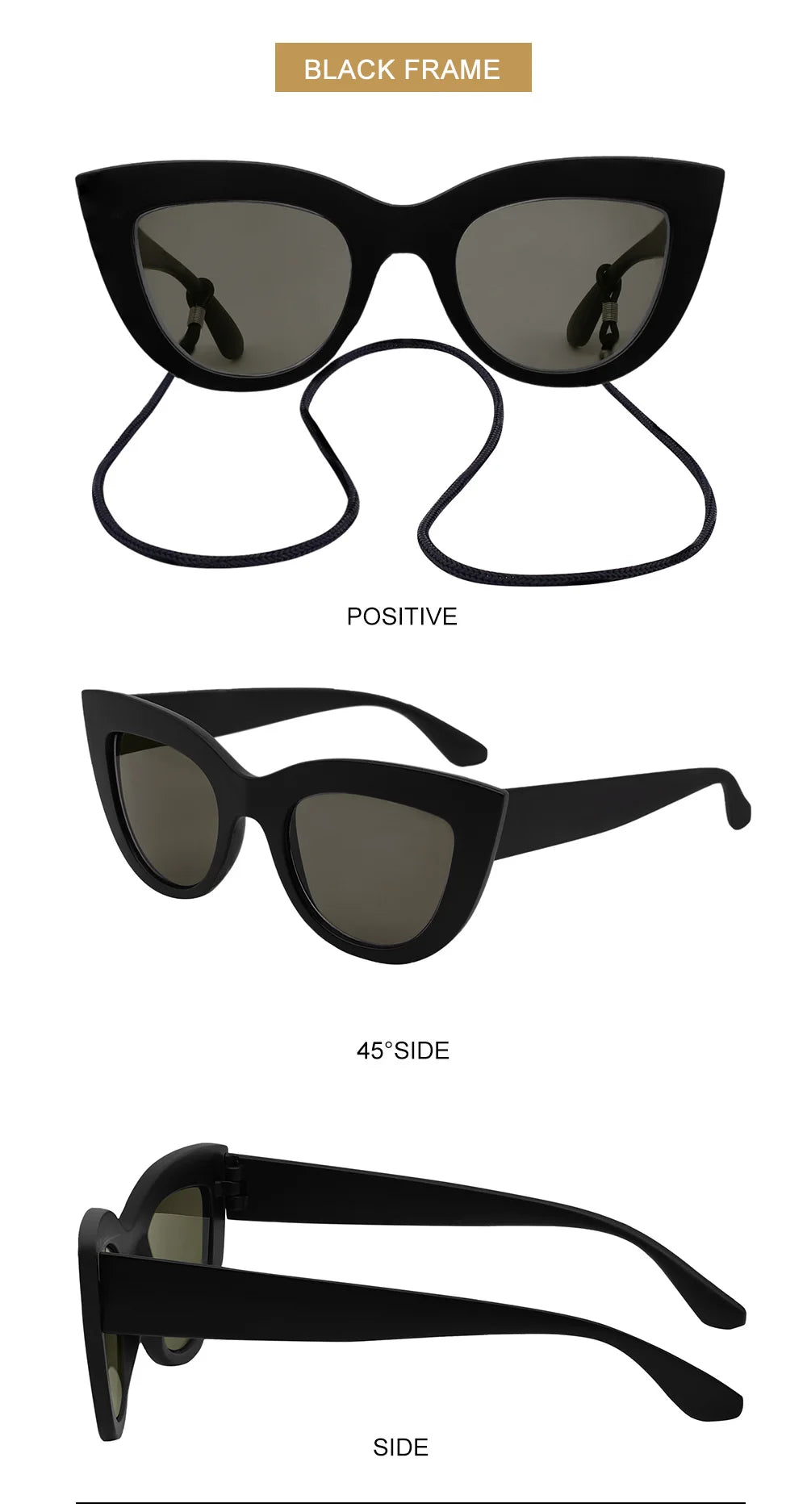 Black frame sunglasses shown from multiple angles on a white background