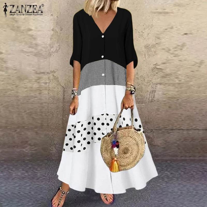ZANZEA Summer Maxi Dress Women's Vintage Printed Sundress Casual Loose Short Sleeve Vestidos Vacation High Waist Robe - Zara-Craft