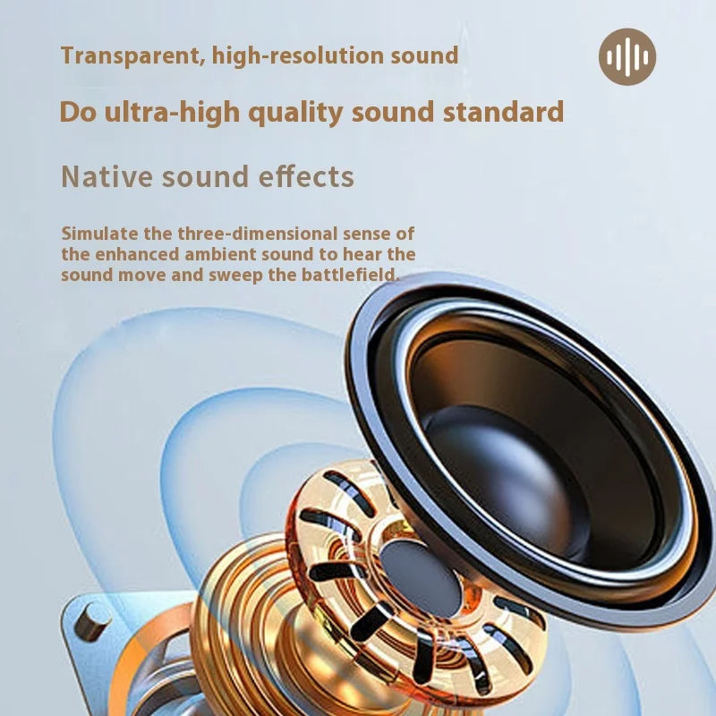 Speaker driver with sound wave graphics and text about high-quality sound and native effects on a light blue background.