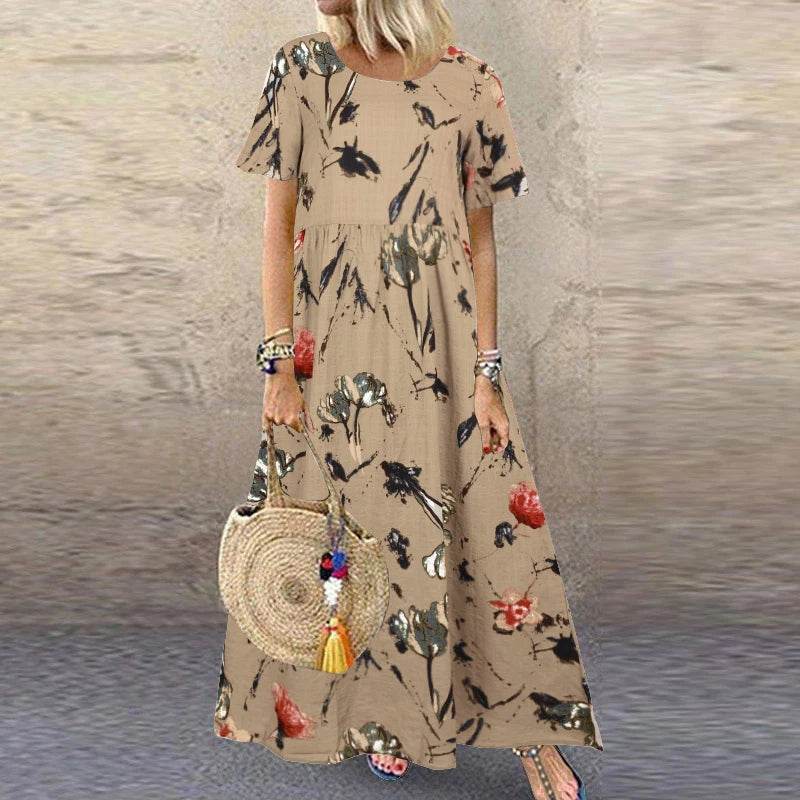 ZANZEA Summer Maxi Dress Women's Vintage Printed Sundress Casual Loose Short Sleeve Vestidos Vacation High Waist Robe Femme - Zara-Craft