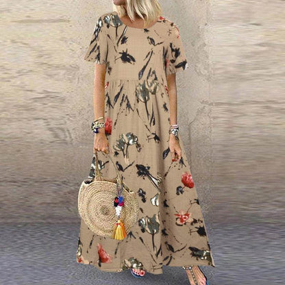 ZANZEA Summer Maxi Dress Women's Vintage Printed Sundress Casual Loose Short Sleeve Vestidos Vacation High Waist Robe Femme - Zara-Craft