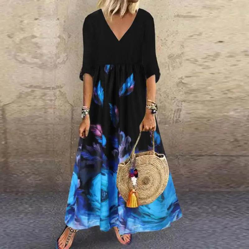ZANZEA Summer Maxi Dress Women's Vintage Printed Sundress Casual Loose Short Sleeve Vestidos Vacation High Waist Robe - Zara-Craft