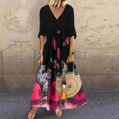 ZANZEA Summer Maxi Dress Women's Vintage Printed Sundress Casual Loose Short Sleeve Vestidos Vacation High Waist Robe - Zara-Craft