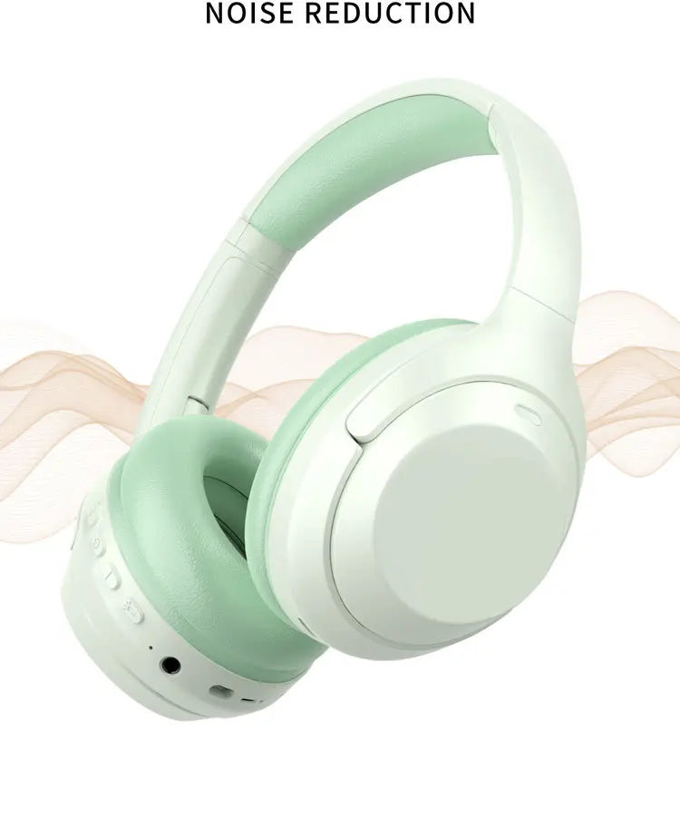 Mint green headphones with noise reduction feature on a white background