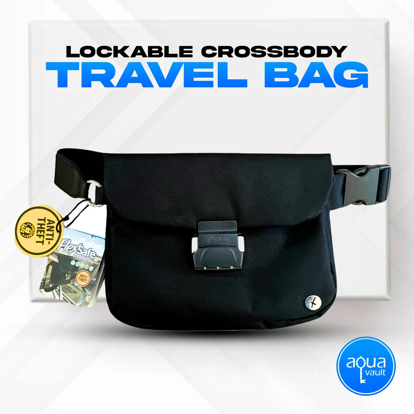 Black lockable crossbody travel bag with visible brand logo on a white background