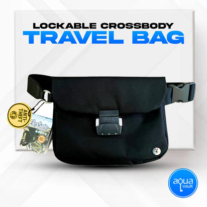 Black lockable crossbody travel bag with visible brand logo on a white background