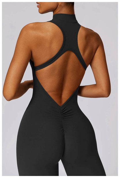 V Back One-piece Suit Women Sports Jumpsuit Zippers Yoga Rompers Backless Sportswear Women Sleeveles Workout Bodysuits Female - Zara-Craft