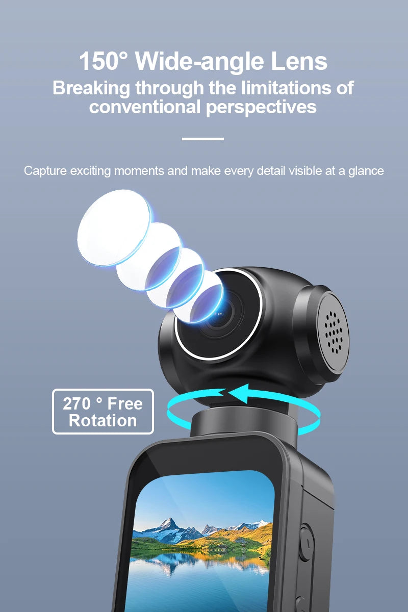 Camera with wide-angle lens and 270-degree rotation feature 