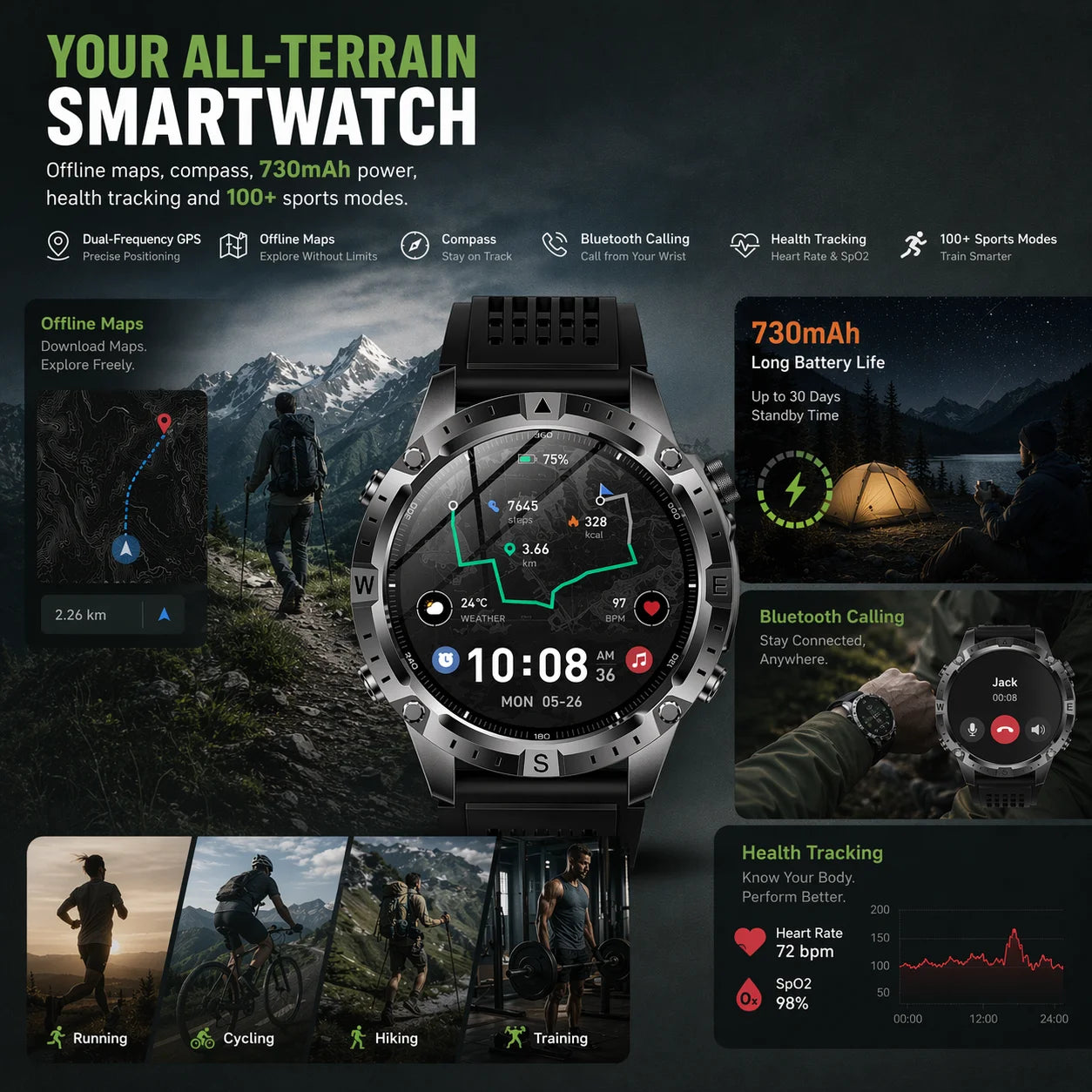 GUHUAVMI GPS Outdoor Smart Watch 1.43 AMOLED Fitness Tracker with Offline Maps Local Music Compass Altimeter Barometer Heart Rate 3ATM BT
