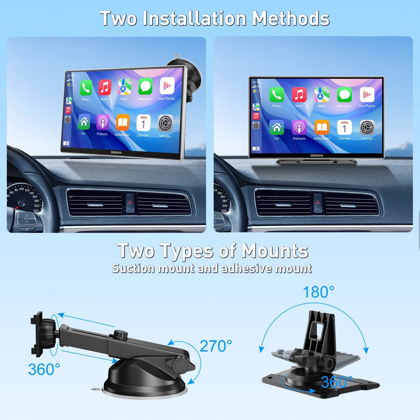 ESSGOO 9 Inch Touch Screen Portable Car Stereo Radio Wireless Apple Carplay Android Auto USB TF Bluetooth Mirror Link