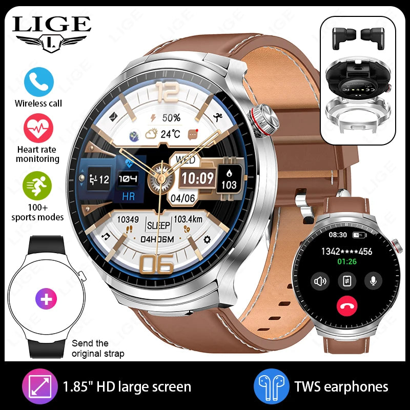 LIGE New TWS 2-In-1 Headset Smart Watch 1.85" Bluetooth Call Men Earphone Smartwatch Heart Rate Health Monitor Music