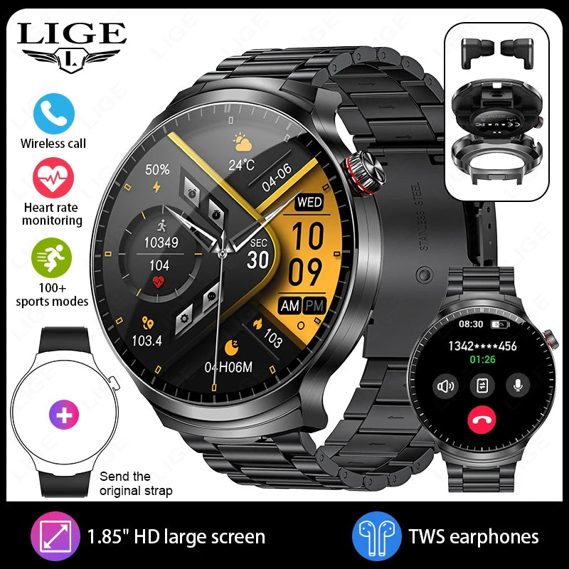 LIGE New TWS 2-In-1 Headset Smart Watch 1.85" Bluetooth Call Men Earphone Smartwatch Heart Rate Health Monitor Music