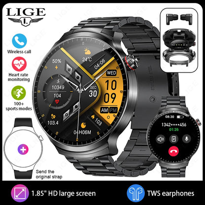 LIGE New TWS 2-In-1 Headset Smart Watch 1.85" Bluetooth Call Men Earphone Smartwatch Heart Rate Health Monitor Music
