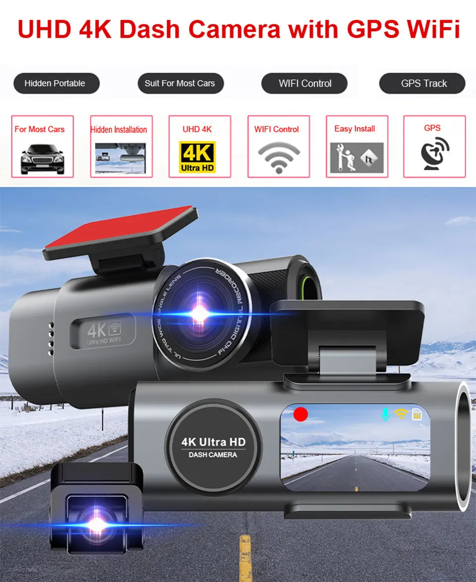 UHD 4K Dash Camera with GPS WiFi on a road background