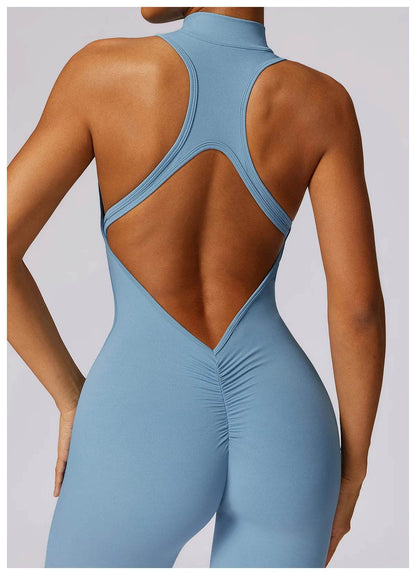 V Back One-piece Suit Women Sports Jumpsuit Zippers Yoga Rompers Backless Sportswear Women Sleeveles Workout Bodysuits Female - Zara-Craft