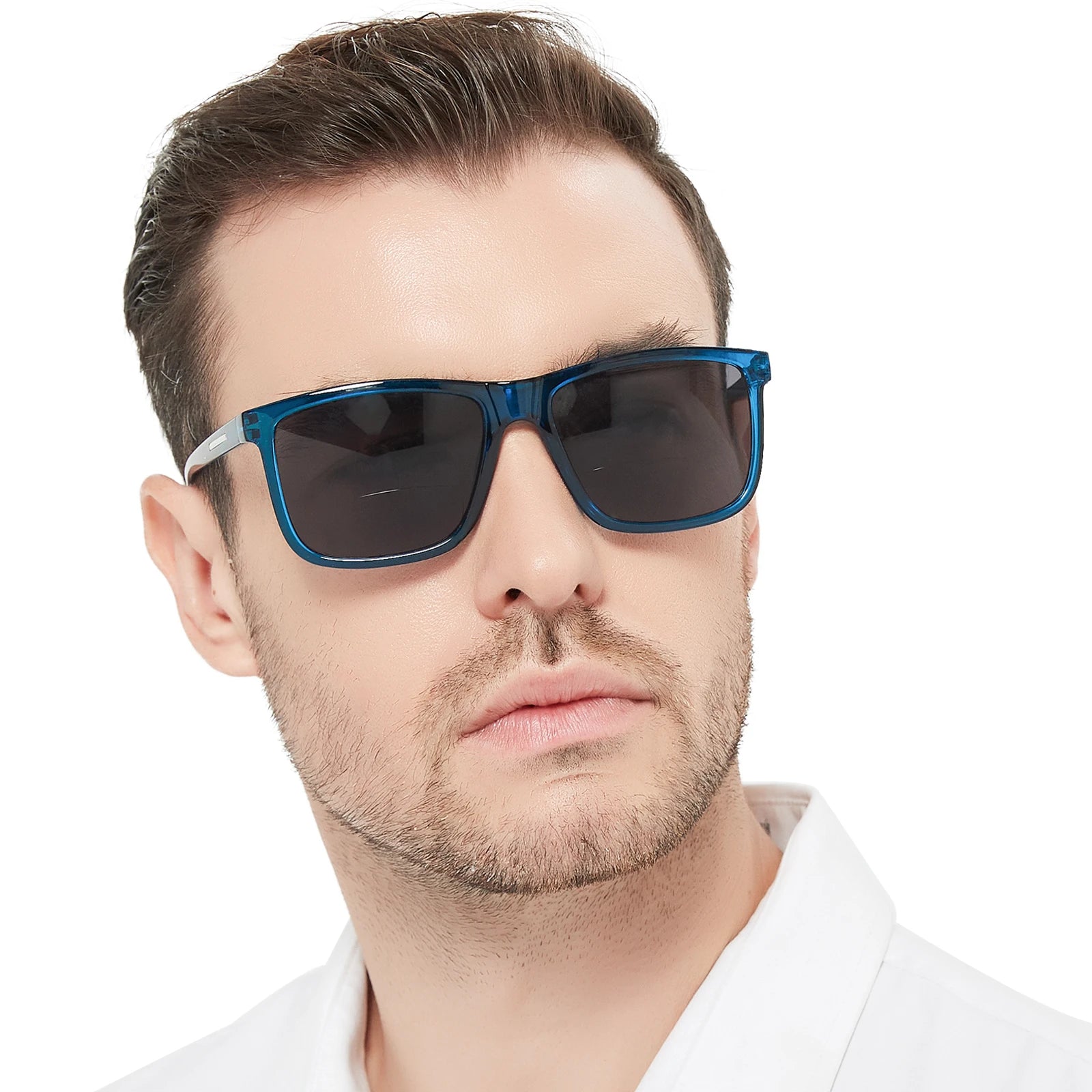 Man wearing blue sunglasses with a white shirt on a white background