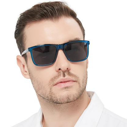 Man wearing blue sunglasses with a white shirt on a white background
