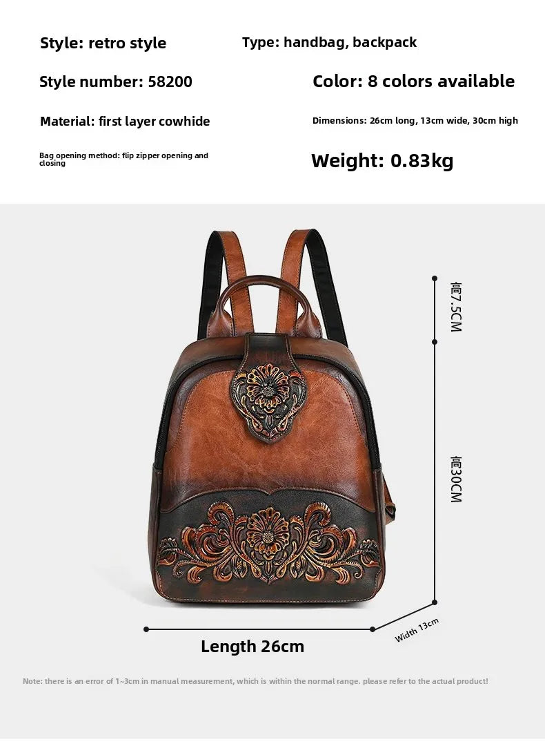Brown retro-style backpack with decorative elements on a white background