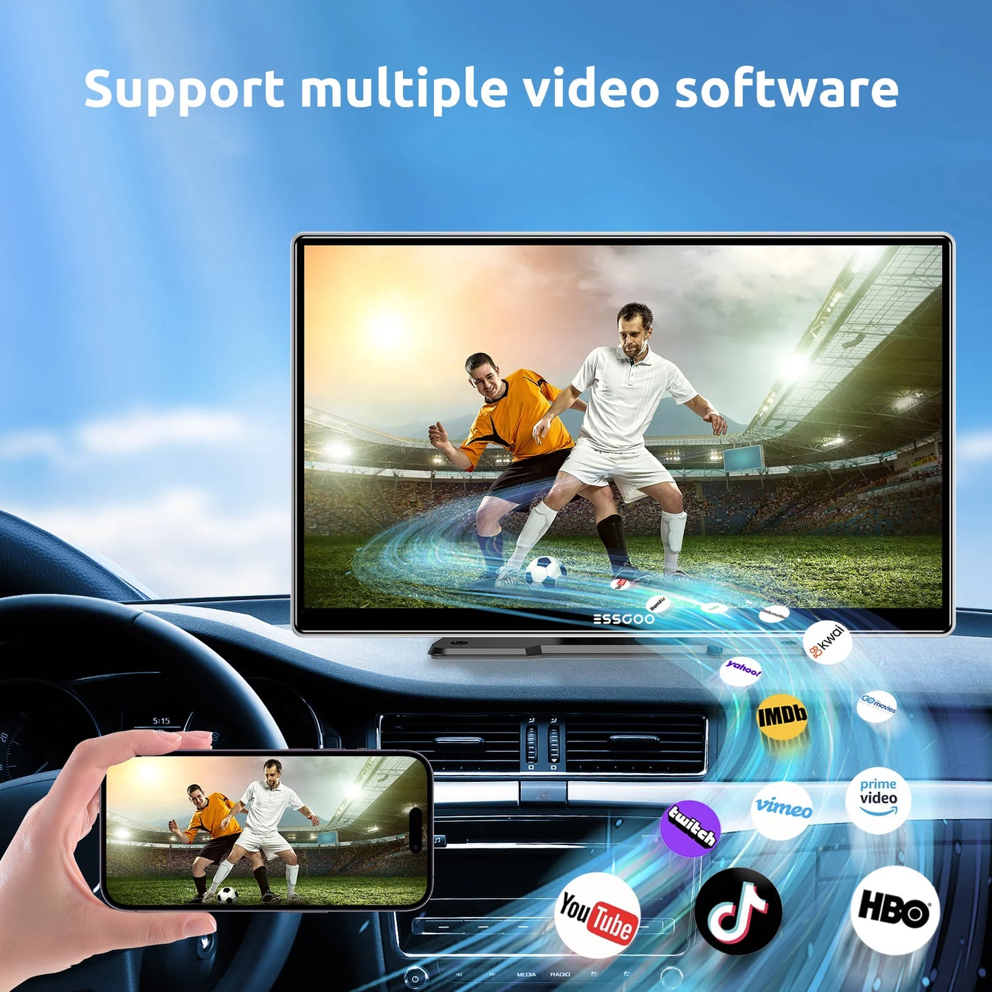 ESSGOO 9 Inch Touch Screen Portable Car Stereo Radio Wireless Apple Carplay Android Auto USB TF Bluetooth Mirror Link