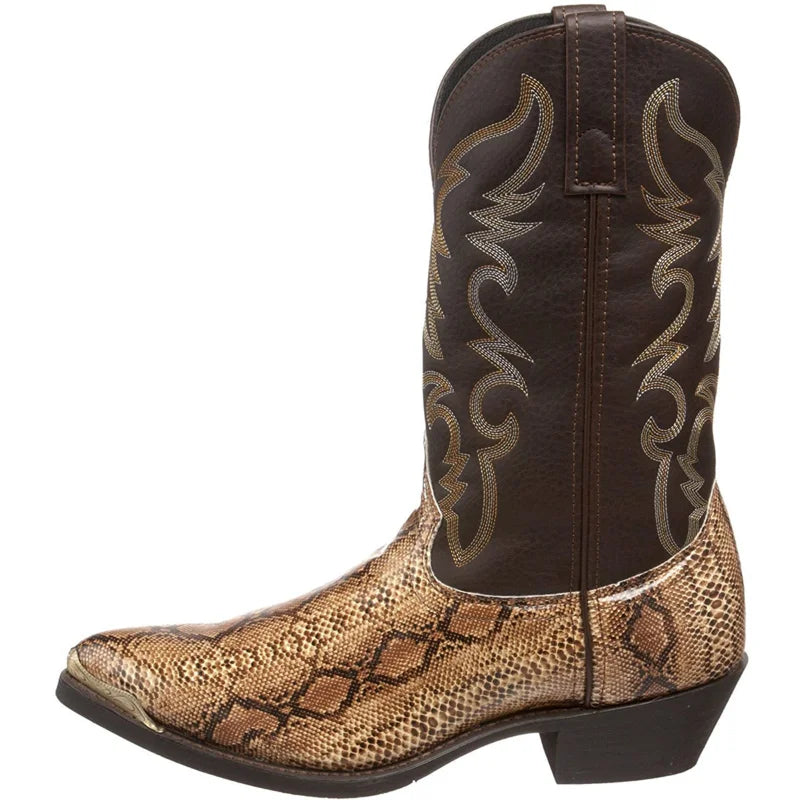 Snake Pattern Cowboy Men Handmade Mid-calf Boots Retro Pointed-top Western Boots