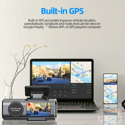 Laptop with built-in GPS displaying a map, accompanied by a dashboard camera and smartphone showing maps.