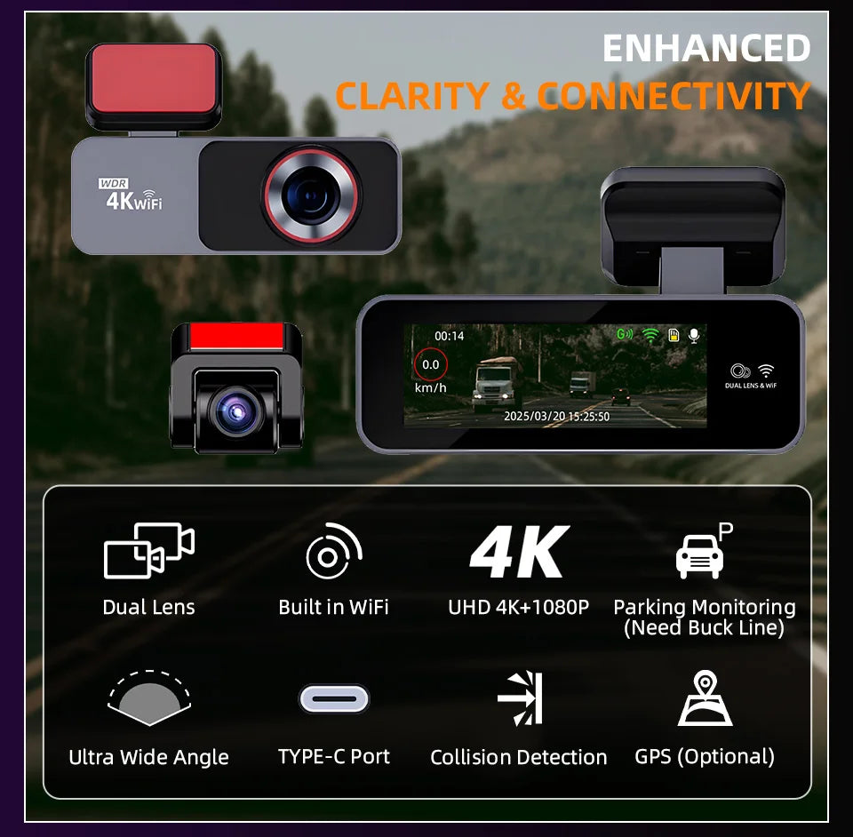 E-ACE Portable Ultra HD 4K Car Front Dash Cam WIFI DVR Optional 1080P Rear camera With 24H Parking Monitor Night Vision