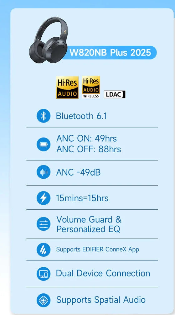 Edifier ANC Wireless Headphone Bluetooth 6.1 Over-ear Headset -49dB Noise Cancelling Earphone Hi-Res Audio