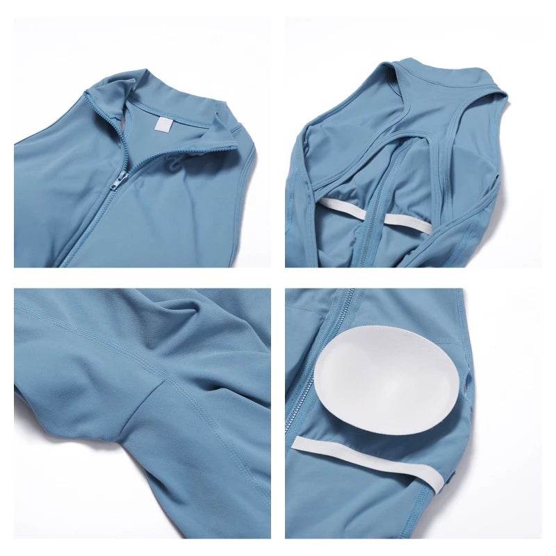 V Back One-piece Suit Women Sports Jumpsuit Zippers Yoga Rompers Backless Sportswear Women Sleeveles Workout Bodysuits Female - Zara-Craft