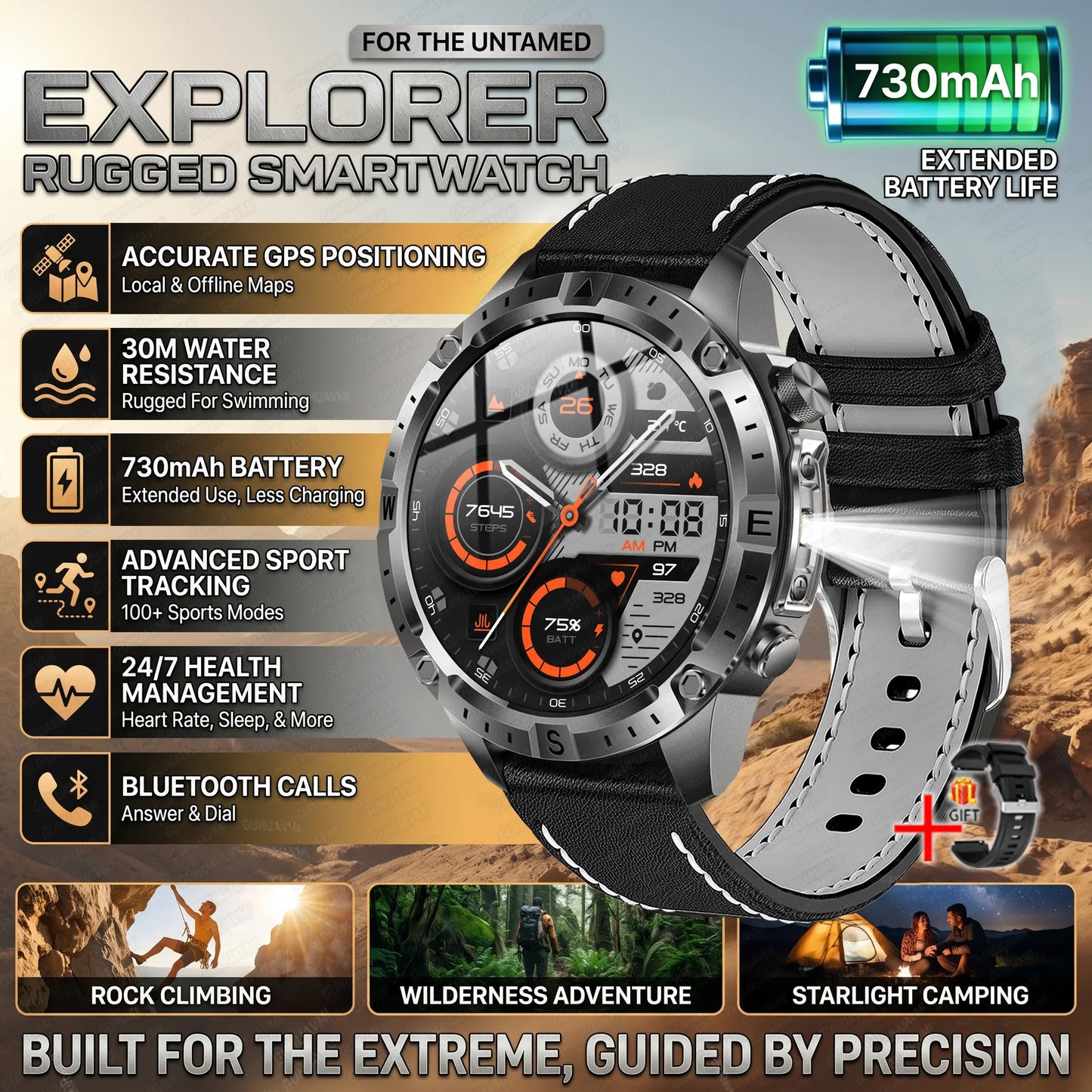 GUHUAVMI GPS Outdoor Smart Watch 1.43 AMOLED Fitness Tracker with Offline Maps Local Music Compass Altimeter Barometer Heart Rate 3ATM BT