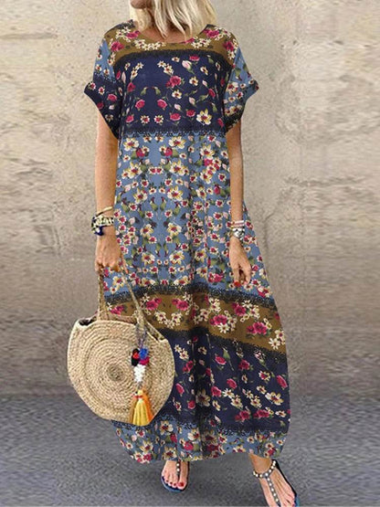 ZANZEA Summer Maxi Dress Women's Vintage Printed Sundress Casual Loose Short Sleeve Vestidos Vacation High Waist Robe Femme - Zara-Craft