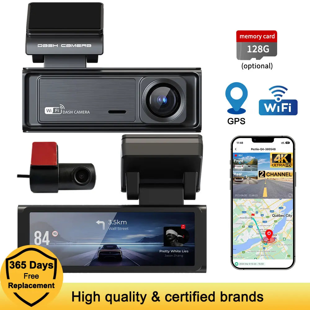 Car dashboard camera system with GPS, WiFi, and smartphone app display on a white background.
