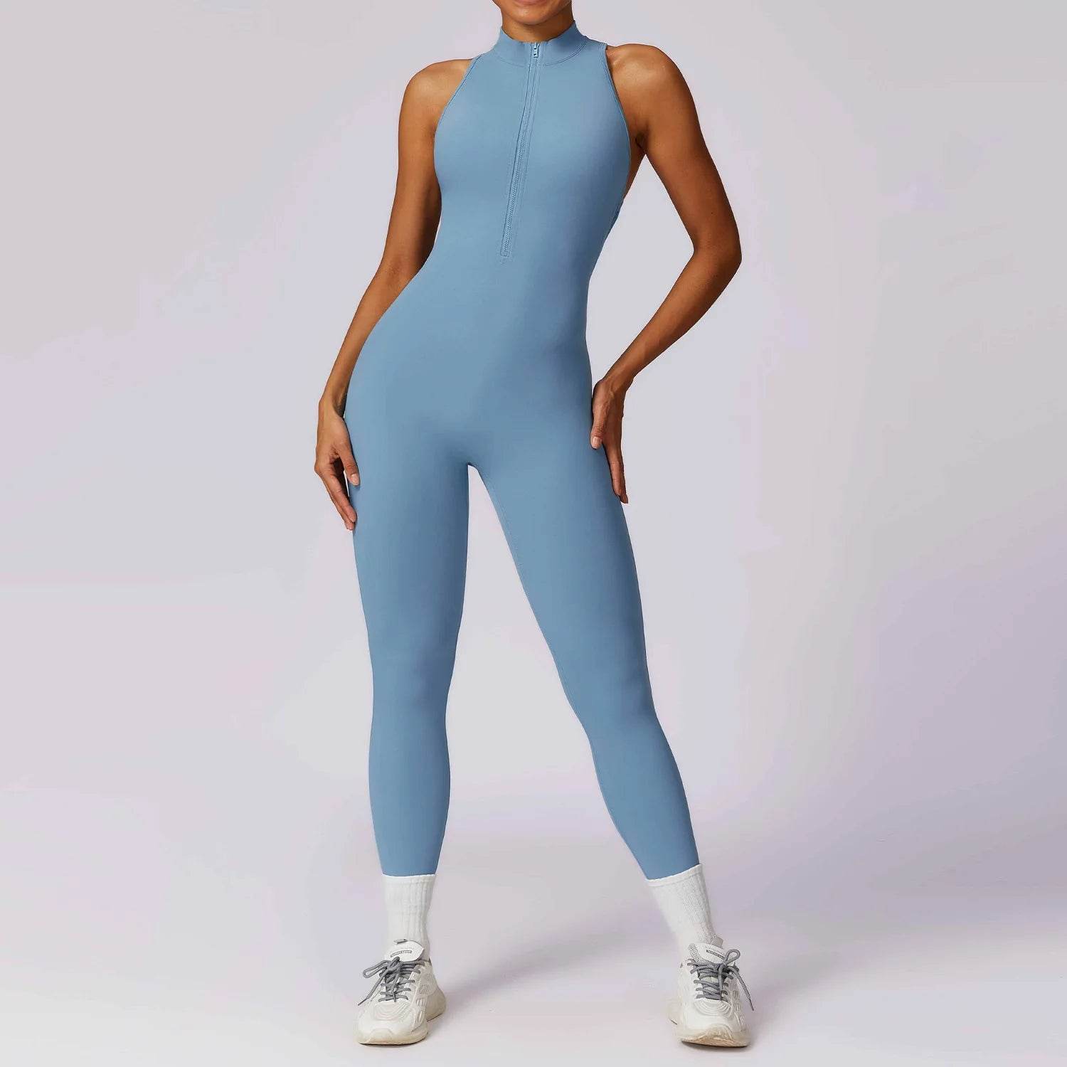 V Back One-piece Suit Women Sports Jumpsuit Zippers Yoga Rompers Backless Sportswear Women Sleeveles Workout Bodysuits Female - Zara-Craft