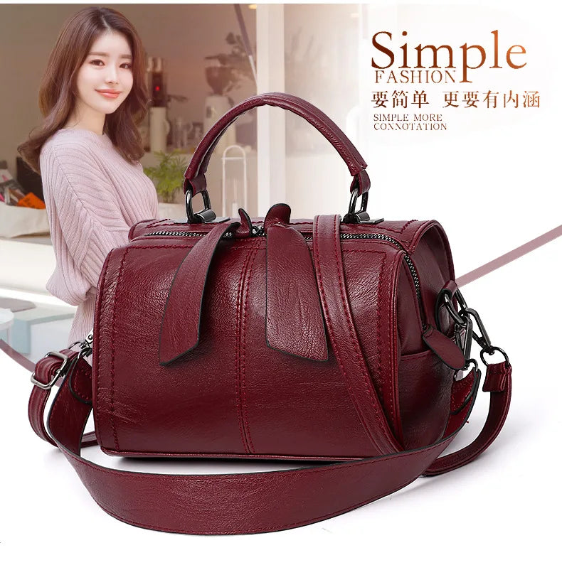 Red handbag with a woman in the background and 'Simple Fashion' branding.