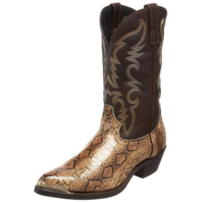 Snake Pattern Cowboy Men Handmade Mid-calf Boots Retro Pointed-top Western Boots