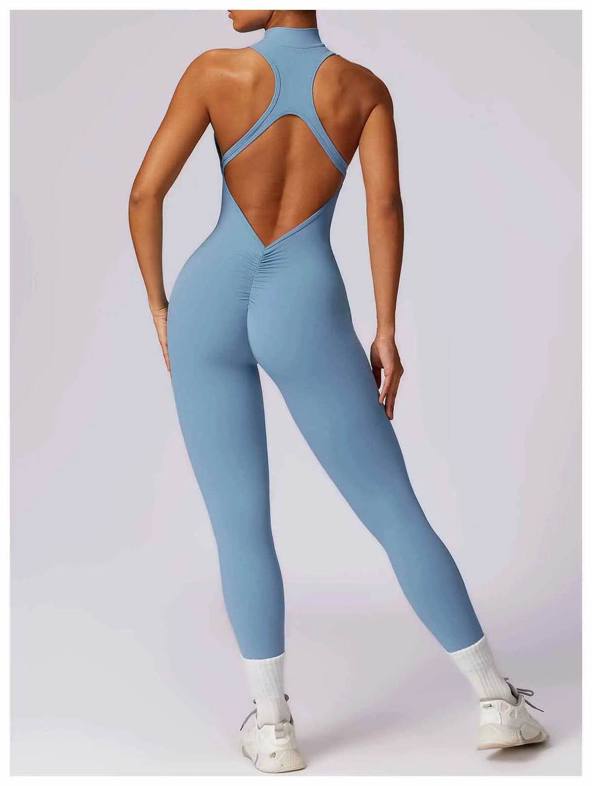 V Back One-piece Suit Women Sports Jumpsuit Zippers Yoga Rompers Backless Sportswear Women Sleeveles Workout Bodysuits Female - Zara-Craft