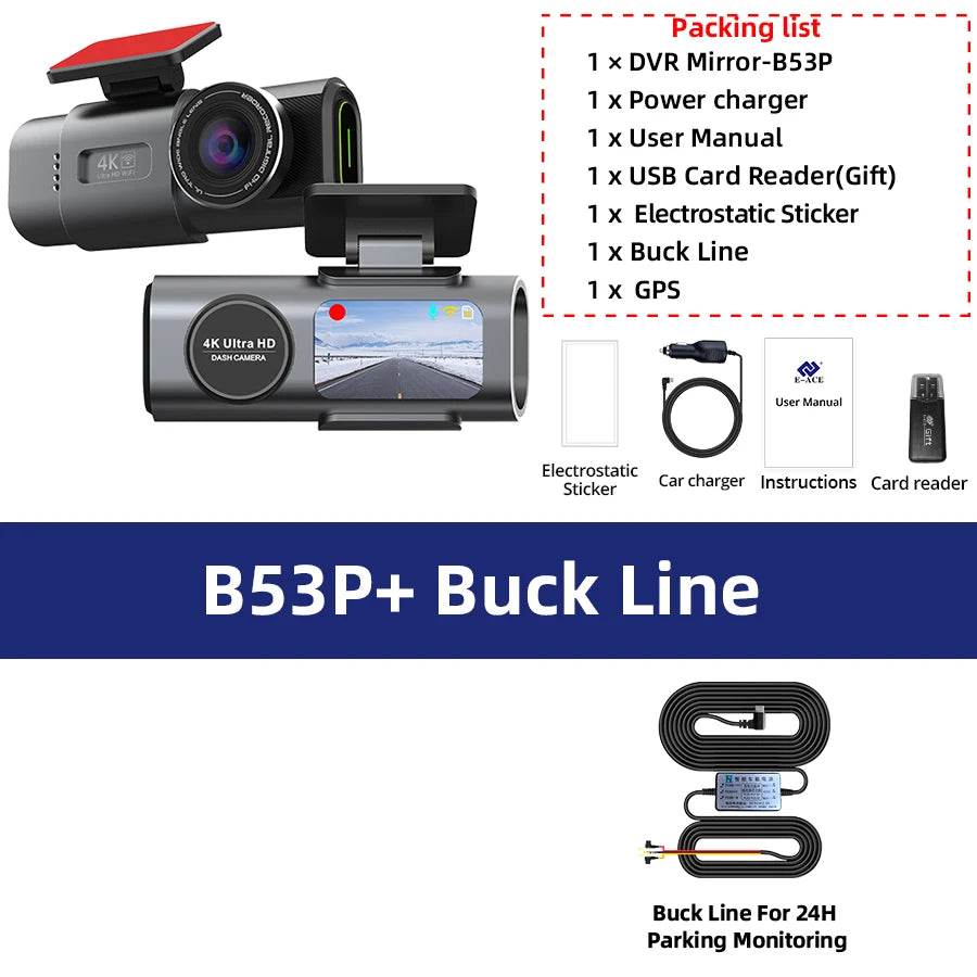 E-ACE Dash Cam 4K GPS WIFI APP 24H Night Vision Mini Optional Rear Lens Dashcam Car DVR For Car