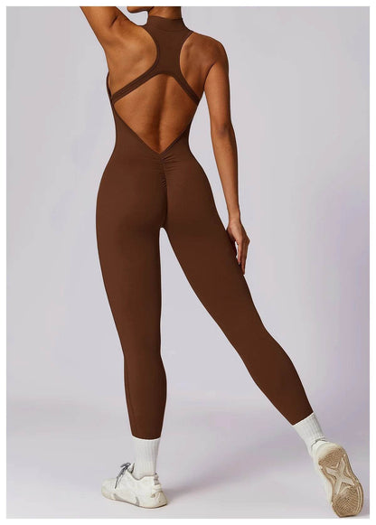 V Back One-piece Suit Women Sports Jumpsuit Zippers Yoga Rompers Backless Sportswear Women Sleeveles Workout Bodysuits Female - Zara-Craft