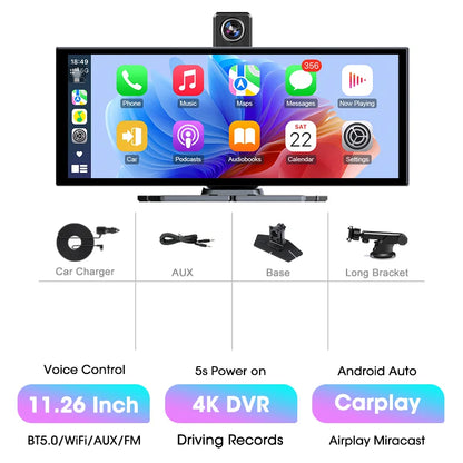 11.26″ 4K ADAS Dash Cam Display Wireless Android Auto CarPlay Screen DVR Dual Recording Night Vision Car Intelligent Systems FM