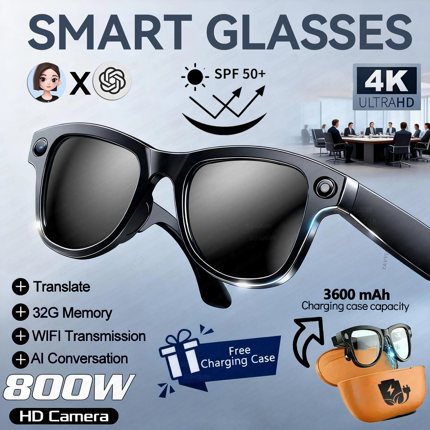 GUHUAVMI AI Smart Glasses 1080P Camera Video Recorder Open Ear Bluetooth Audio Voice Control Wi-Fi Sync Sports